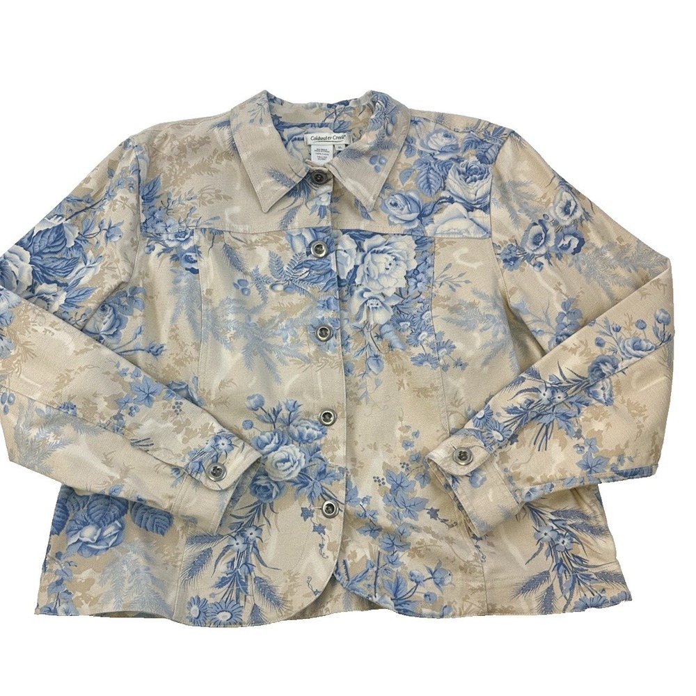 Coldwater Creek Blue Floral Canvas Jacket Beige Button Country Cottage Womens XL
